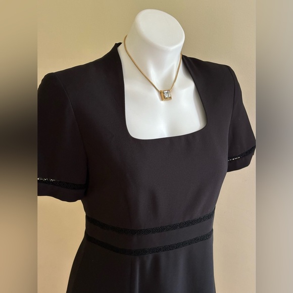 Liz Claiborne Black Midi Dress Square Neck Striped Lace Sleeves & Waist Sz P8 - Picture 3 of 16